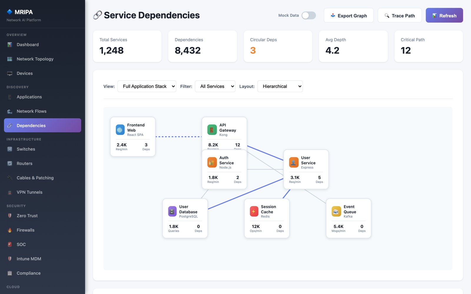 MRIPA service dependency graph showing 1,248 discovered services and 8,432 dependencies across frontend, API gateway, databases, caches, and queues